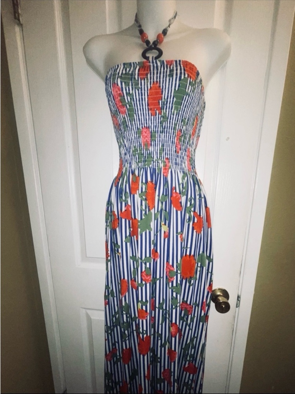 Magic Navy & White Striped Maxi Dress with Red Floral Print